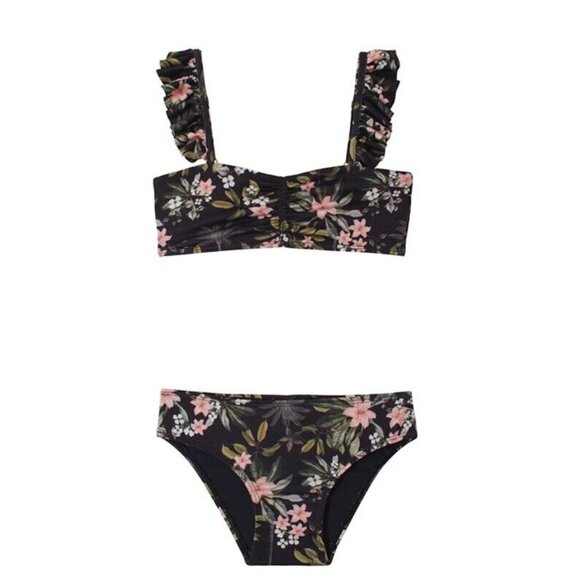 NWT PIlyq 12 Girls Gasparilla Black Floral Flutter Bikini 118598